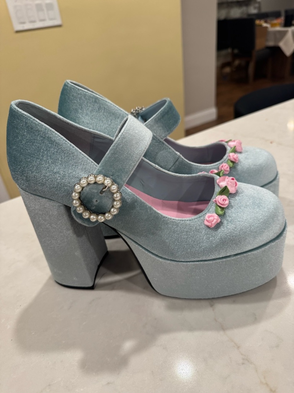Platform heels, faux velvet, size 10, light blue - Picture 9 of 16
